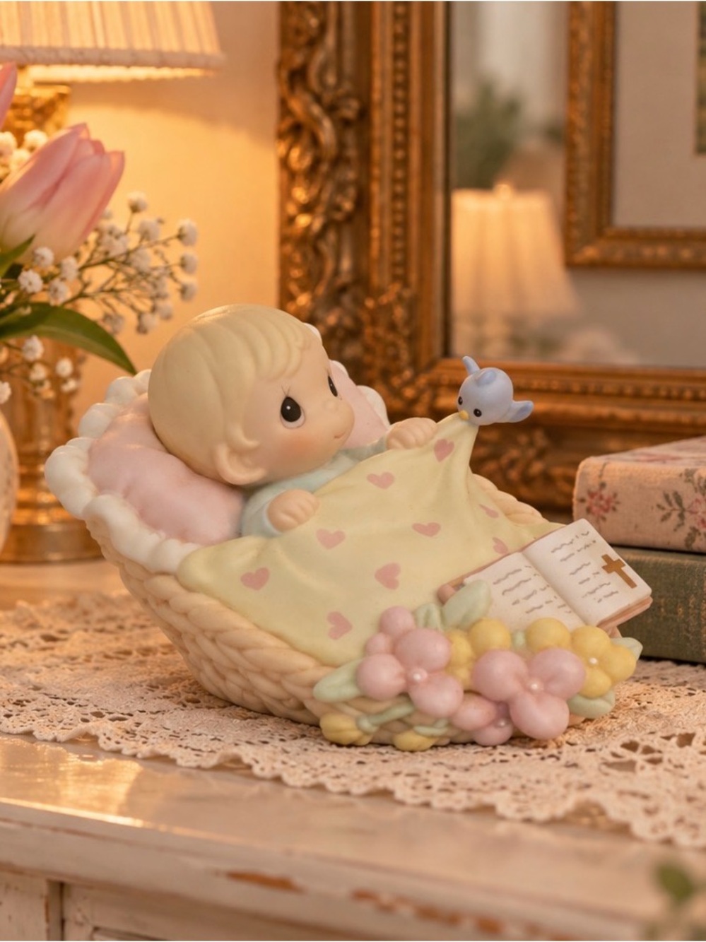 Precious Moments Cream & Pink Baby in Heart Blanket Figurine